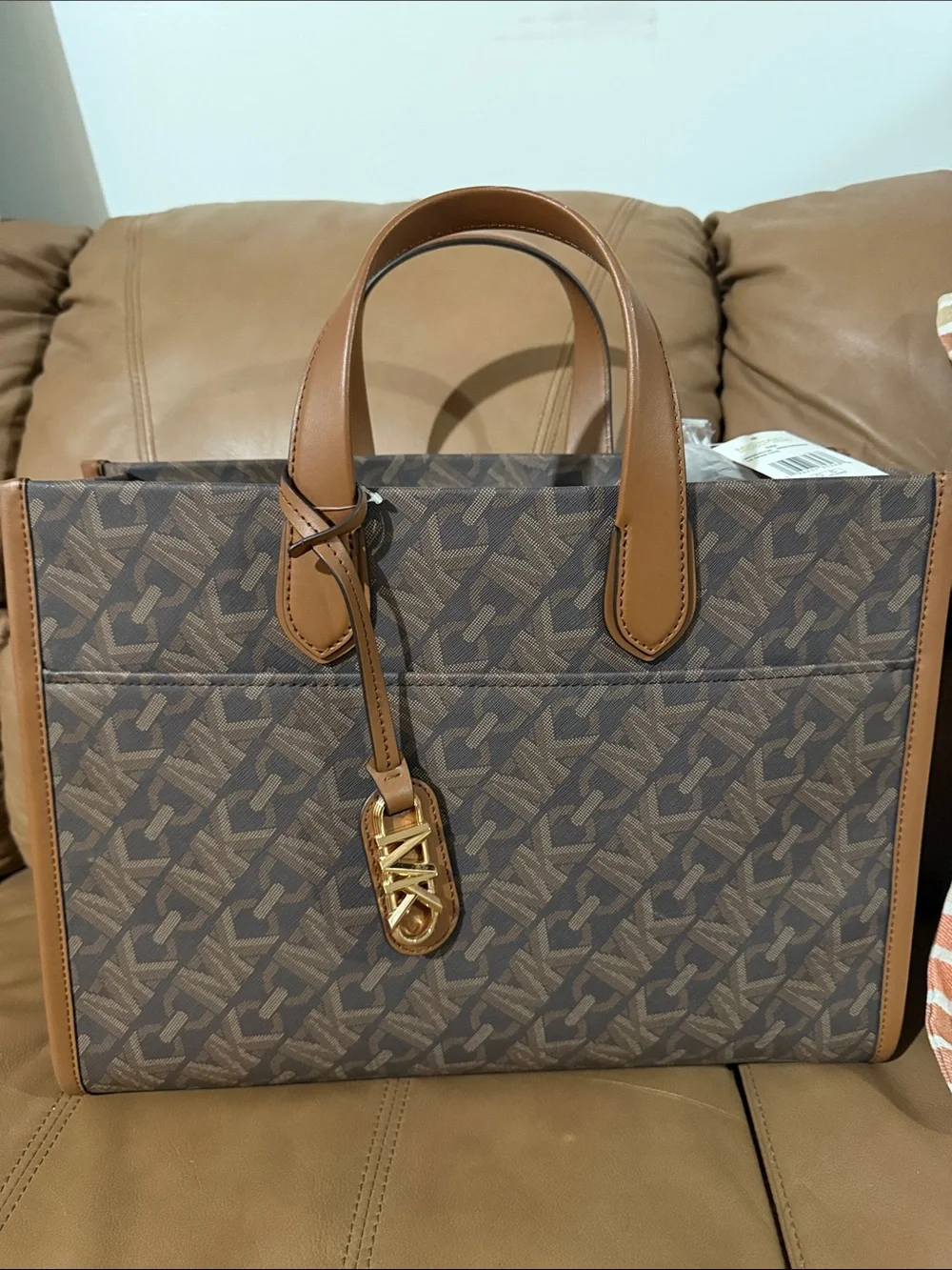 Michael Kors Brown Patterned Gigi Tote with Tan Trim